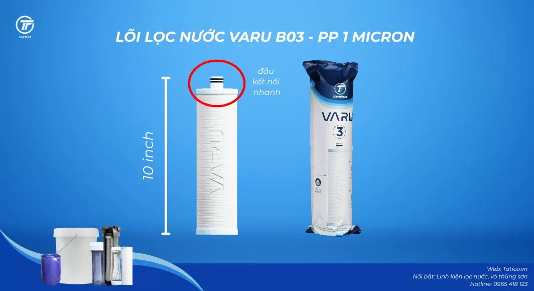 L&otilde;i lọc nước VARU B03 PP 1 micron do Tatico sản xuất, h&atilde;y lưu &yacute; mua l&otilde;i lọc nước ch&iacute;nh h&atilde;ng để thay l&otilde;i lọc nước tại nh&agrave; đơn giản v&agrave; ch&iacute;nh x&aacute;c hơn
