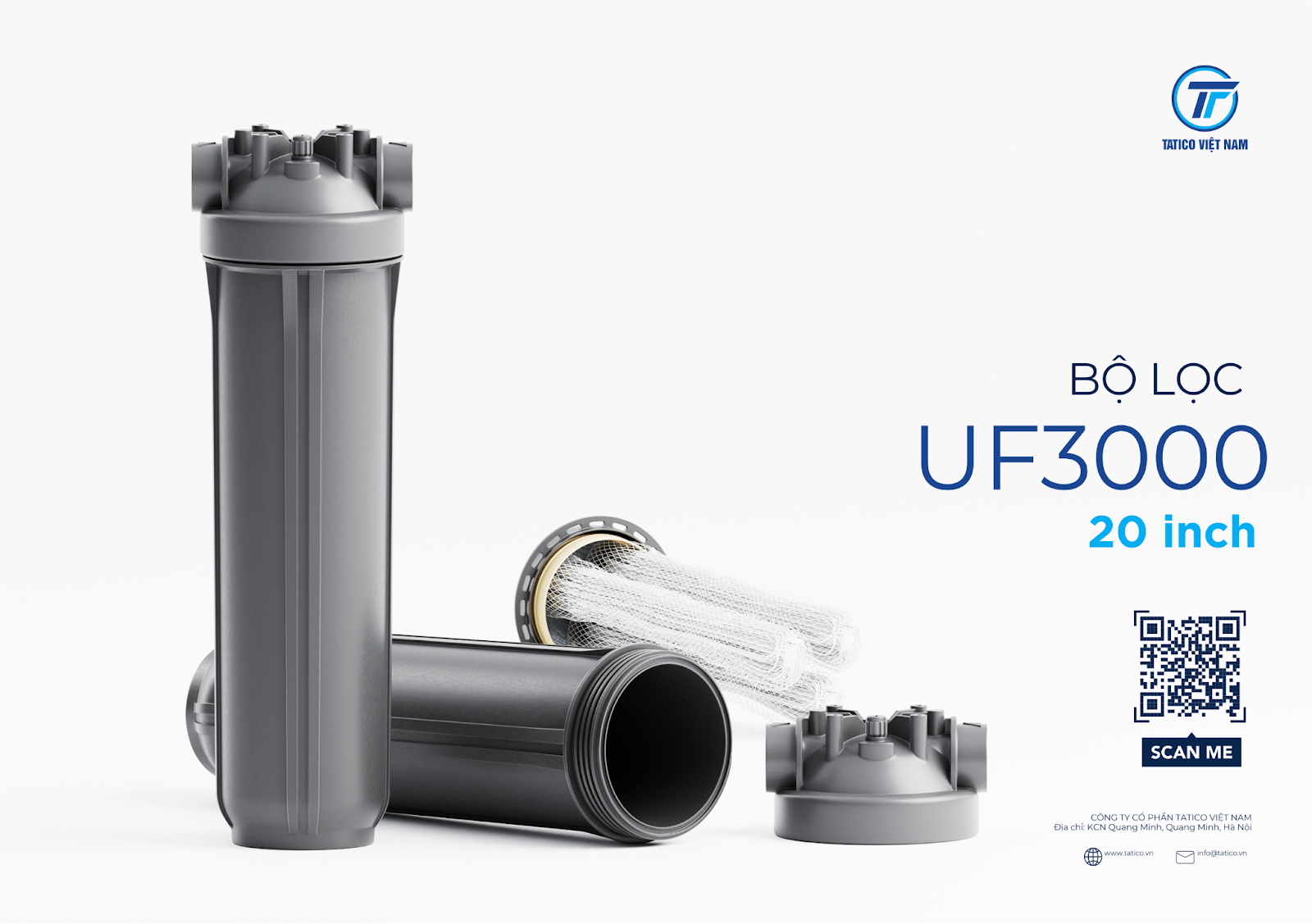 Bộ lọc UF3000 20 inch Tatico từ phần th&acirc;n vỏ nhựa pp nguy&ecirc;n sinh v&agrave; l&otilde;i lọc sử dụng c&ocirc;ng nghệ m&agrave;ng lọc UF lọc si&ecirc;u mịn, sợi từ vật liệu PVDF an to&agrave;n