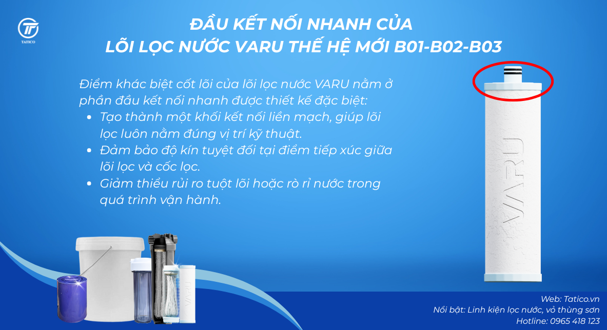 Đầu kết nối nhanh của l&otilde;i lọc nước VARU thế hệ mới B01-B02-B03 do Tatico sản xuất