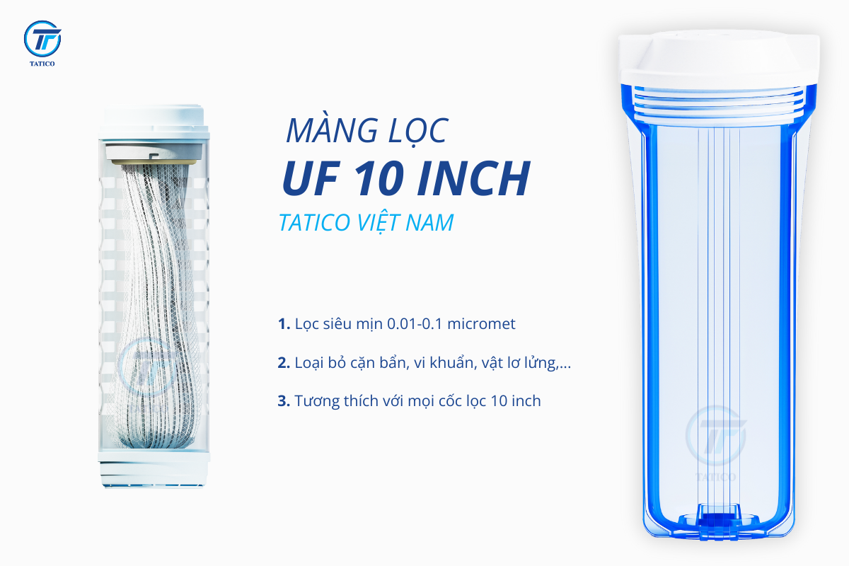 Màng lọc UF 10 inch do Tatico sản xuất với khả năng lọc siêu mịn 0.01 micron